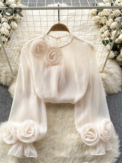 SINGREINY Cămașă de femeie cu volane, floare, slăbită, elegantă, cu decolteu, cu mânecă lungă, transparentă, subțire, pentru damă, ochiuri de plasă, ocazional, la modă șic