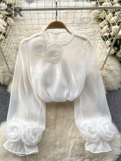 SINGREINY Cămașă de femeie cu volane, floare, slăbită, elegantă, cu decolteu, cu mânecă lungă, transparentă, subțire, pentru damă, ochiuri de plasă, ocazional, la modă șic