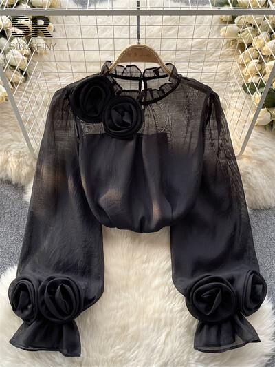 SINGREINY Cămașă de femeie cu volane, floare, slăbită, elegantă, cu decolteu, cu mânecă lungă, transparentă, subțire, pentru damă, ochiuri de plasă, ocazional, la modă șic