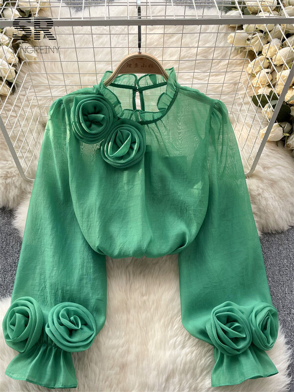 SINGREINY Cămașă de femeie cu volane, floare, slăbită, elegantă, cu decolteu, cu mânecă lungă, transparentă, subțire, pentru damă, ochiuri de plasă, ocazional, la modă șic
