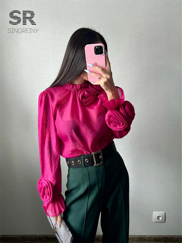 SINGREINY Cămașă de femeie cu volane, floare, slăbită, elegantă, cu decolteu, cu mânecă lungă, transparentă, subțire, pentru damă, ochiuri de plasă, ocazional, la modă șic