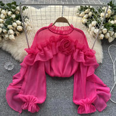 Ruffle σιφόν μπλούζα Καλοκαιρινή γυναικεία μανίκια φαναράκι Μόδα Slim Loose Vacation Γυναικεία Y2K Casual Chic μπλουζάκια