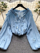 SINGREINY Senior hímző bő blúz, fűzős masni V nyakú, egysoros kardigán, hosszú, felfújt ujjú női finom, tömör ing