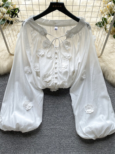 SINGREINY Senior hímző bő blúz, fűzős masni V nyakú, egysoros kardigán, hosszú, felfújt ujjú női finom, tömör ing