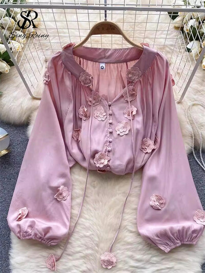 SINGREINY Senior hímző bő blúz, fűzős masni V nyakú, egysoros kardigán, hosszú, felfújt ujjú női finom, tömör ing