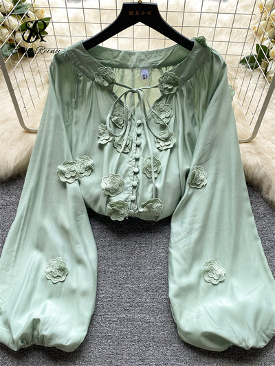 SINGREINY Senior hímző bő blúz, fűzős masni V nyakú, egysoros kardigán, hosszú, felfújt ujjú női finom, tömör ing