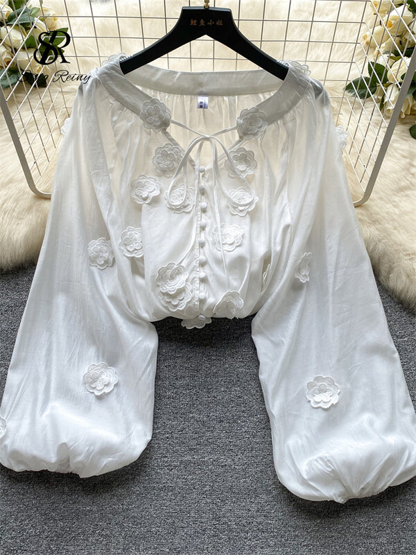 SINGREINY Senior hímző bő blúz, fűzős masni V nyakú, egysoros kardigán, hosszú, felfújt ujjú női finom, tömör ing