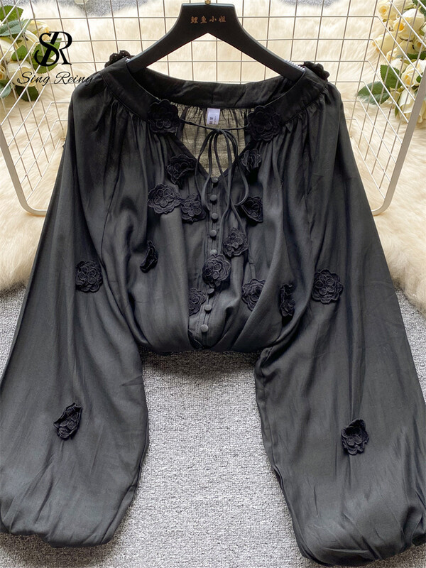 SINGREINY Senior hímző bő blúz, fűzős masni V nyakú, egysoros kardigán, hosszú, felfújt ujjú női finom, tömör ing