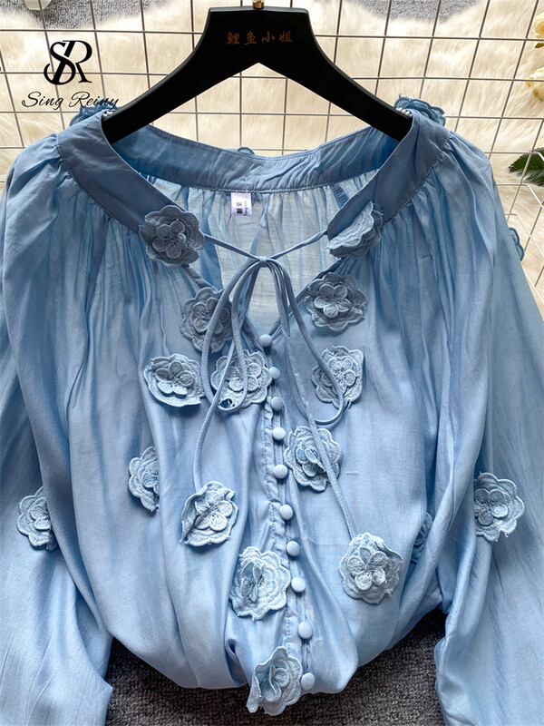 SINGREINY Senior hímző bő blúz, fűzős masni V nyakú, egysoros kardigán, hosszú, felfújt ujjú női finom, tömör ing