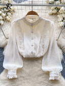 SINGREINY High Street Pearl Gyöngyös blúz Női Gyűrődésű Rakott Elegáns Top Divat Fodor hosszú ujjú Virágos hímzéses ing