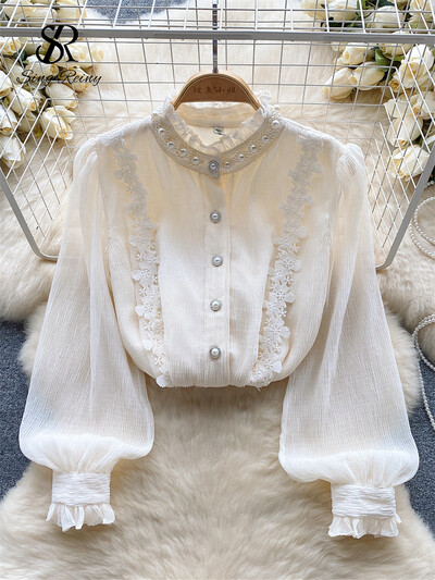 SINGREINY High Street Pearl Gyöngyös blúz Női Gyűrődésű Rakott Elegáns Top Divat Fodor hosszú ujjú Virágos hímzéses ing