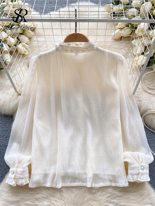 SINGREINY High Street Pearl Gyöngyös blúz Női Gyűrődésű Rakott Elegáns Top Divat Fodor hosszú ujjú Virágos hímzéses ing