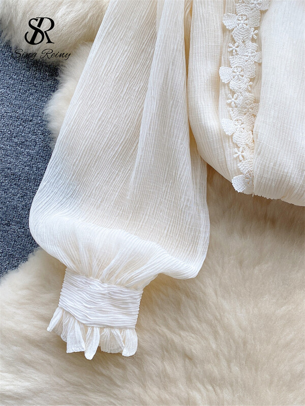 SINGREINY High Street Pearl Gyöngyös blúz Női Gyűrődésű Rakott Elegáns Top Divat Fodor hosszú ujjú Virágos hímzéses ing