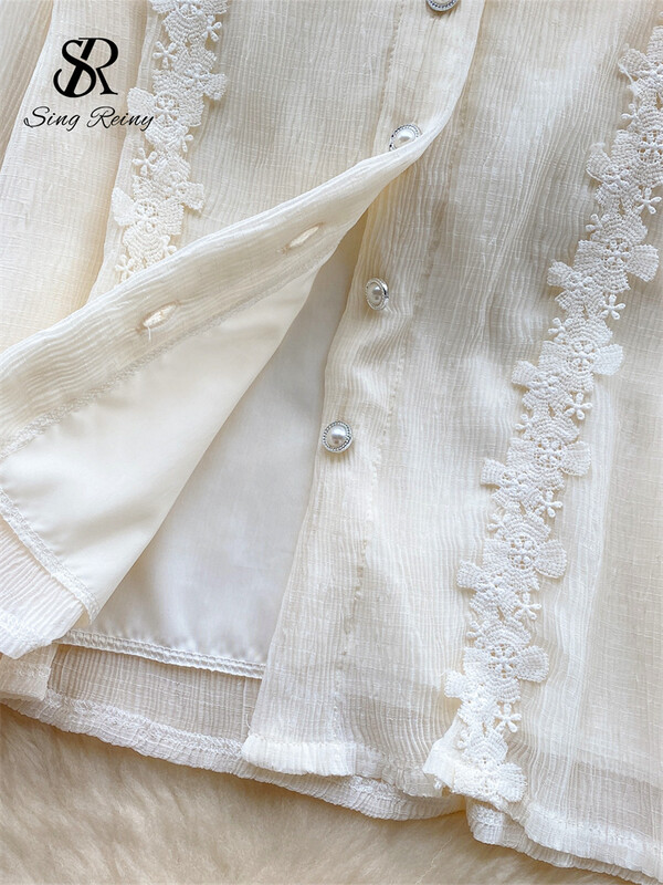 SINGREINY High Street Pearl Gyöngyös blúz Női Gyűrődésű Rakott Elegáns Top Divat Fodor hosszú ujjú Virágos hímzéses ing