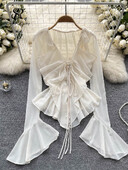 SINGREINY nyári fodros, fűzős szexi blúz női hosszú ujjú tömör, édes Chiffon Beach Top Fashion Ins vékony fényvédő ing