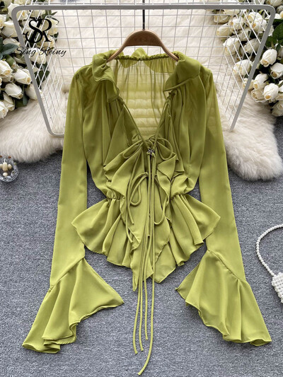 SINGREINY nyári fodros, fűzős szexi blúz női hosszú ujjú tömör, édes Chiffon Beach Top Fashion Ins vékony fényvédő ing