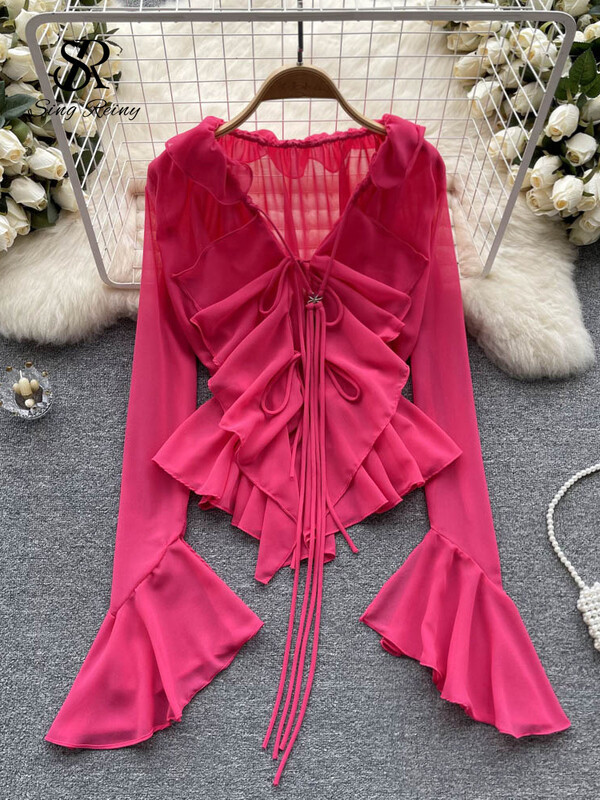 SINGREINY nyári fodros, fűzős szexi blúz női hosszú ujjú tömör, édes Chiffon Beach Top Fashion Ins vékony fényvédő ing