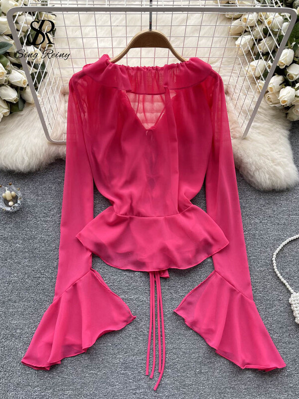 SINGREINY nyári fodros, fűzős szexi blúz női hosszú ujjú tömör, édes Chiffon Beach Top Fashion Ins vékony fényvédő ing