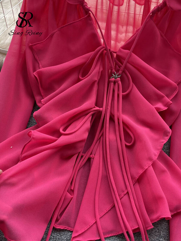 SINGREINY nyári fodros, fűzős szexi blúz női hosszú ujjú tömör, édes Chiffon Beach Top Fashion Ins vékony fényvédő ing