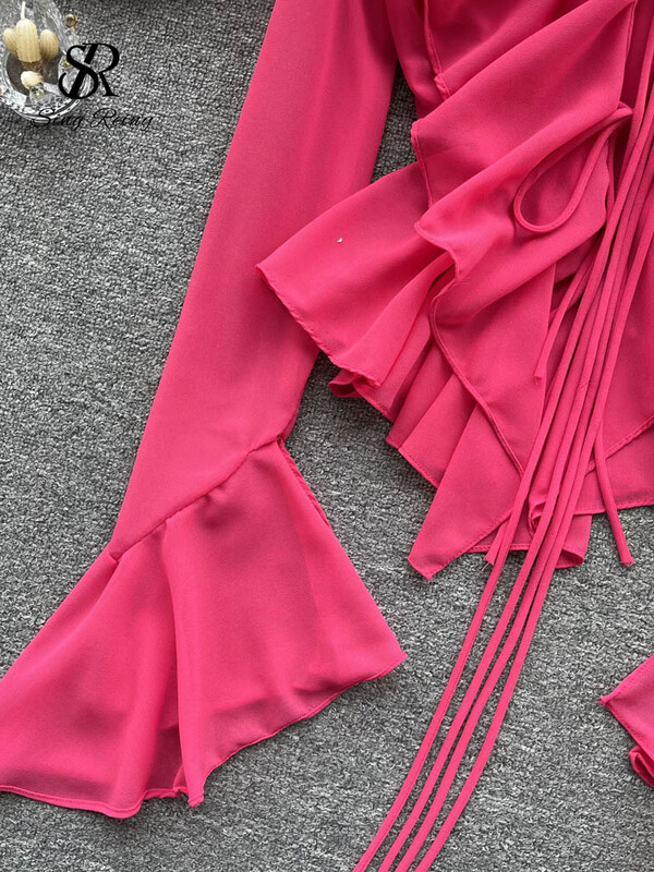 SINGREINY nyári fodros, fűzős szexi blúz női hosszú ujjú tömör, édes Chiffon Beach Top Fashion Ins vékony fényvédő ing