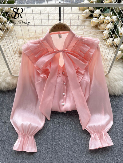 SINGREINY masni édes szatén laza blúz női fodros hosszú ujjú őszi ing divatos utcai viselet koreai y2k Vintage felső 2023