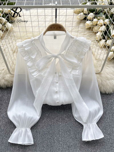 SINGREINY masni édes szatén laza blúz női fodros hosszú ujjú őszi ing divatos utcai viselet koreai y2k Vintage felső 2023