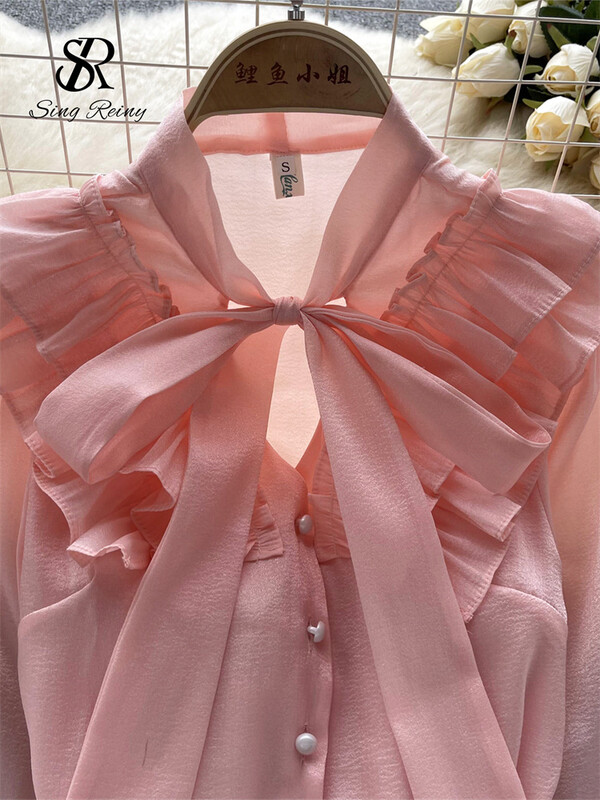 SINGREINY masni édes szatén laza blúz női fodros hosszú ujjú őszi ing divatos utcai viselet koreai y2k Vintage felső 2023