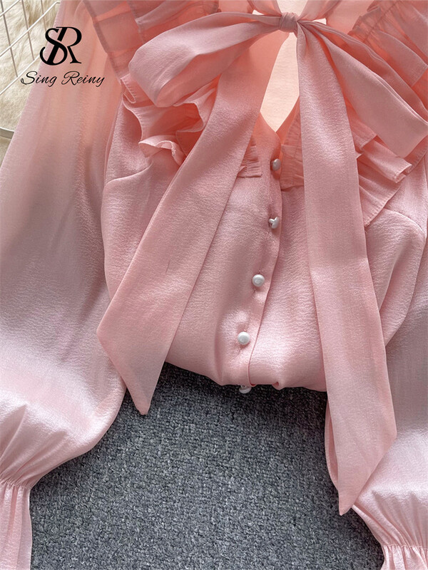 SINGREINY masni édes szatén laza blúz női fodros hosszú ujjú őszi ing divatos utcai viselet koreai y2k Vintage felső 2023