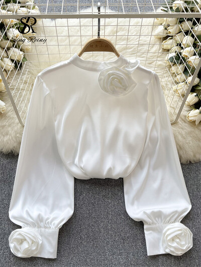 SINGREINY Cămașă largi din satin franceză pentru seniori pentru femei, cu mâneci lungi, cu flori 3D, top de primăvară, la modă, la un singur piept, bluză OL solidă