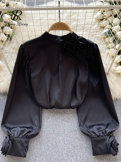 SINGREINY Cămașă largi din satin franceză pentru seniori pentru femei, cu mâneci lungi, cu flori 3D, top de primăvară, la modă, la un singur piept, bluză OL solidă