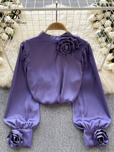 SINGREINY Cămașă largi din satin franceză pentru seniori pentru femei, cu mâneci lungi, cu flori 3D, top de primăvară, la modă, la un singur piept, bluză OL solidă