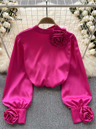 SINGREINY Cămașă largi din satin franceză pentru seniori pentru femei, cu mâneci lungi, cu flori 3D, top de primăvară, la modă, la un singur piept, bluză OL solidă