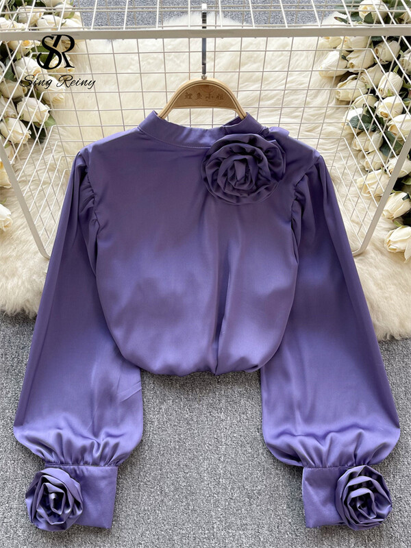 SINGREINY Cămașă largi din satin franceză pentru seniori pentru femei, cu mâneci lungi, cu flori 3D, top de primăvară, la modă, la un singur piept, bluză OL solidă