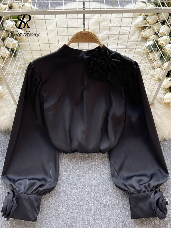 SINGREINY Cămașă largi din satin franceză pentru seniori pentru femei, cu mâneci lungi, cu flori 3D, top de primăvară, la modă, la un singur piept, bluză OL solidă