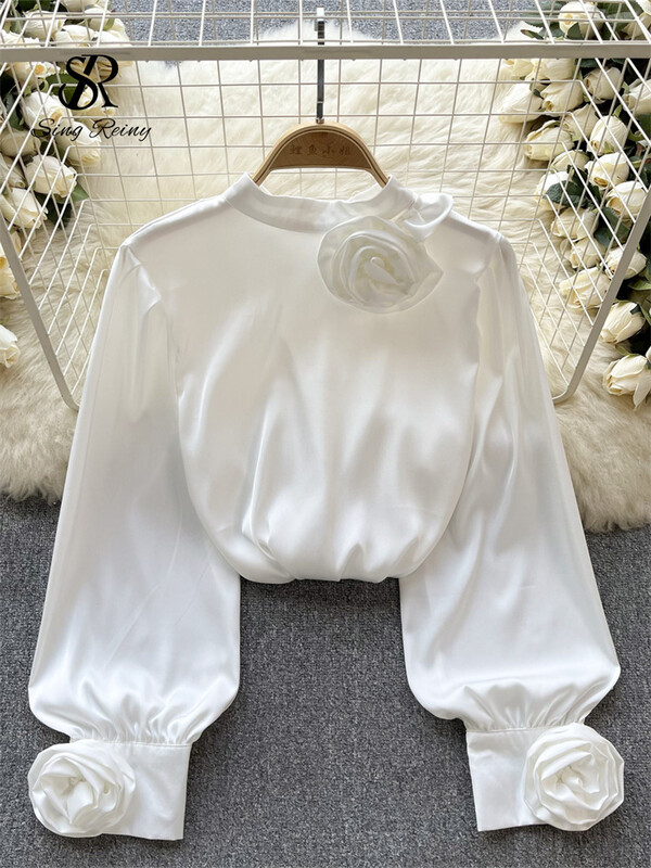 SINGREINY Cămașă largi din satin franceză pentru seniori pentru femei, cu mâneci lungi, cu flori 3D, top de primăvară, la modă, la un singur piept, bluză OL solidă
