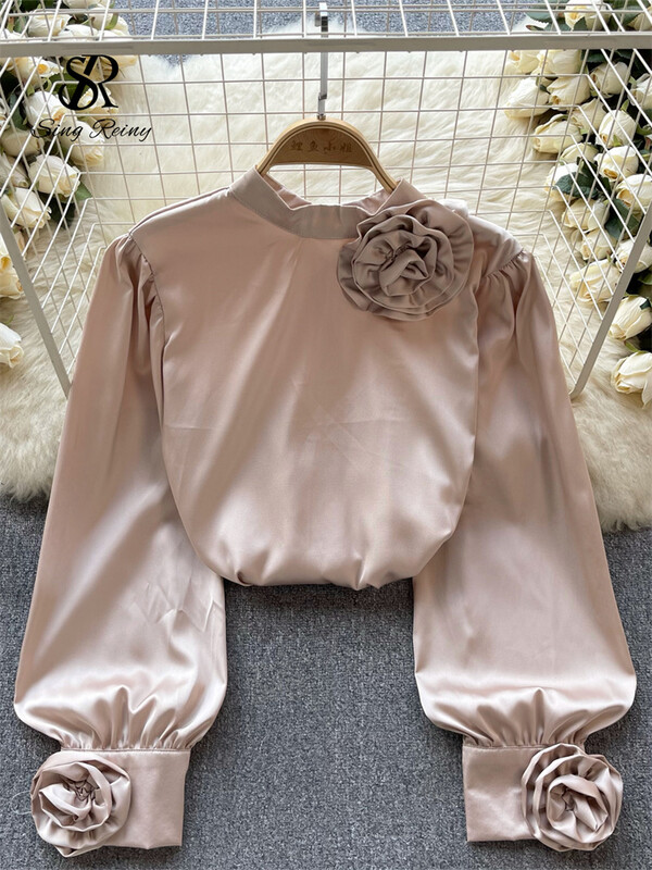 SINGREINY Cămașă largi din satin franceză pentru seniori pentru femei, cu mâneci lungi, cu flori 3D, top de primăvară, la modă, la un singur piept, bluză OL solidă