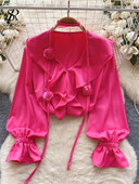 SINGREINY női elegáns 3D virágos bő blúz fodros V nyakú lámpás ujjú felsők koreai stílusú gyöngyök gombos kivitelű tömör ing