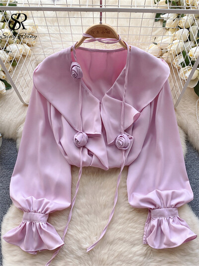 SINGREINY női elegáns 3D virágos bő blúz fodros V nyakú lámpás ujjú felsők koreai stílusú gyöngyök gombos kivitelű tömör ing