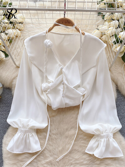 SINGREINY női elegáns 3D virágos bő blúz fodros V nyakú lámpás ujjú felsők koreai stílusú gyöngyök gombos kivitelű tömör ing