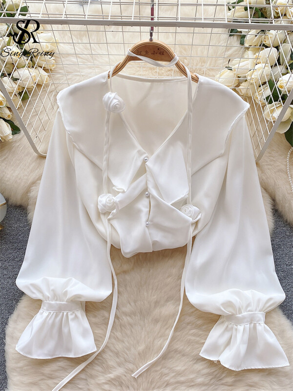 SINGREINY női elegáns 3D virágos bő blúz fodros V nyakú lámpás ujjú felsők koreai stílusú gyöngyök gombos kivitelű tömör ing