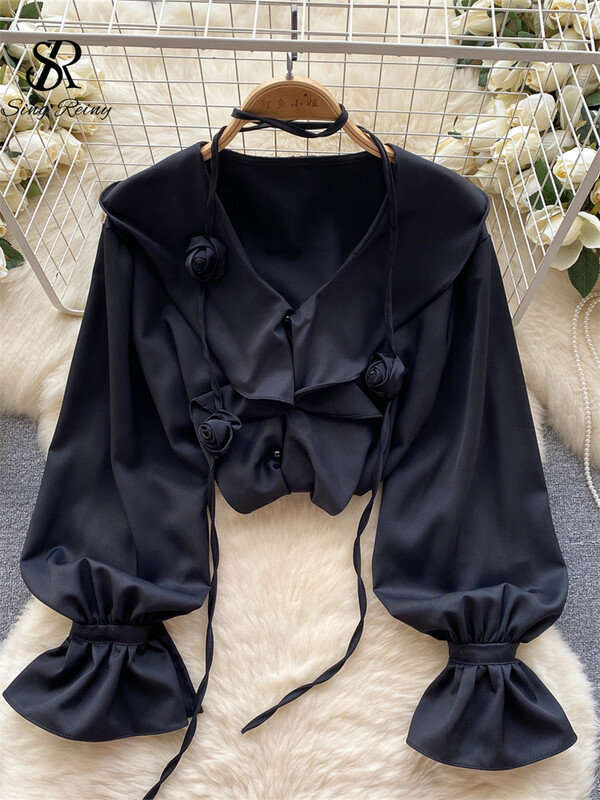 SINGREINY női elegáns 3D virágos bő blúz fodros V nyakú lámpás ujjú felsők koreai stílusú gyöngyök gombos kivitelű tömör ing