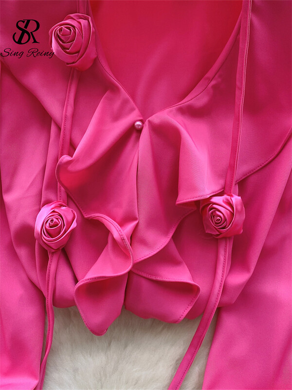 SINGREINY női elegáns 3D virágos bő blúz fodros V nyakú lámpás ujjú felsők koreai stílusú gyöngyök gombos kivitelű tömör ing