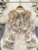 SINGREINY édes sifon blúz masni gallér lámpás ujjú virágos felső divat utcai ruházat rakott fodrok kiváló minőségű bő ing