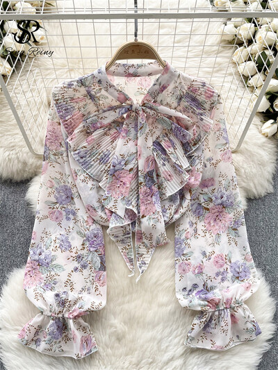 SINGREINY édes sifon blúz masni gallér lámpás ujjú virágos felső divat utcai ruházat rakott fodrok kiváló minőségű bő ing