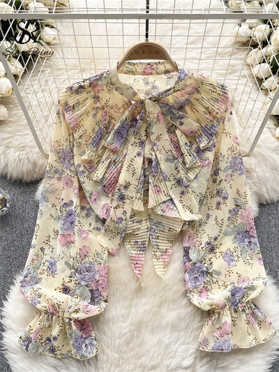 SINGREINY édes sifon blúz masni gallér lámpás ujjú virágos felső divat utcai ruházat rakott fodrok kiváló minőségű bő ing