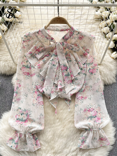 SINGREINY édes sifon blúz masni gallér lámpás ujjú virágos felső divat utcai ruházat rakott fodrok kiváló minőségű bő ing