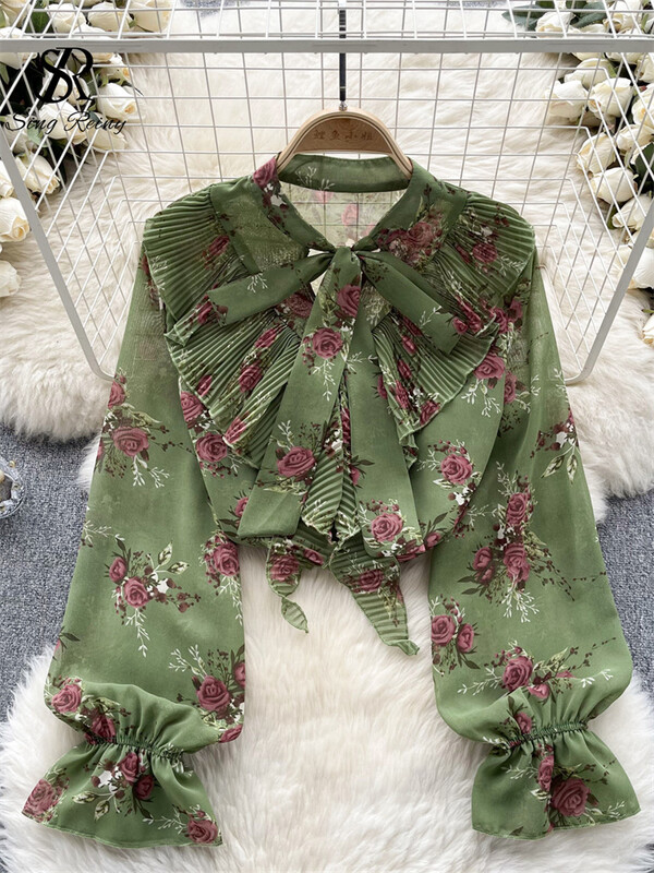 SINGREINY édes sifon blúz masni gallér lámpás ujjú virágos felső divat utcai ruházat rakott fodrok kiváló minőségű bő ing