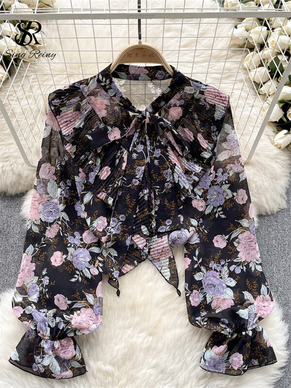 SINGREINY édes sifon blúz masni gallér lámpás ujjú virágos felső divat utcai ruházat rakott fodrok kiváló minőségű bő ing