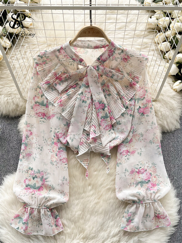 SINGREINY édes sifon blúz masni gallér lámpás ujjú virágos felső divat utcai ruházat rakott fodrok kiváló minőségű bő ing