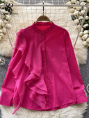 SINGREINY női divat blúz fodros patchwork, egysoros, hosszú ujjú felsők 2023 új, O nyakú utcai ruházat tömör őszi ingek